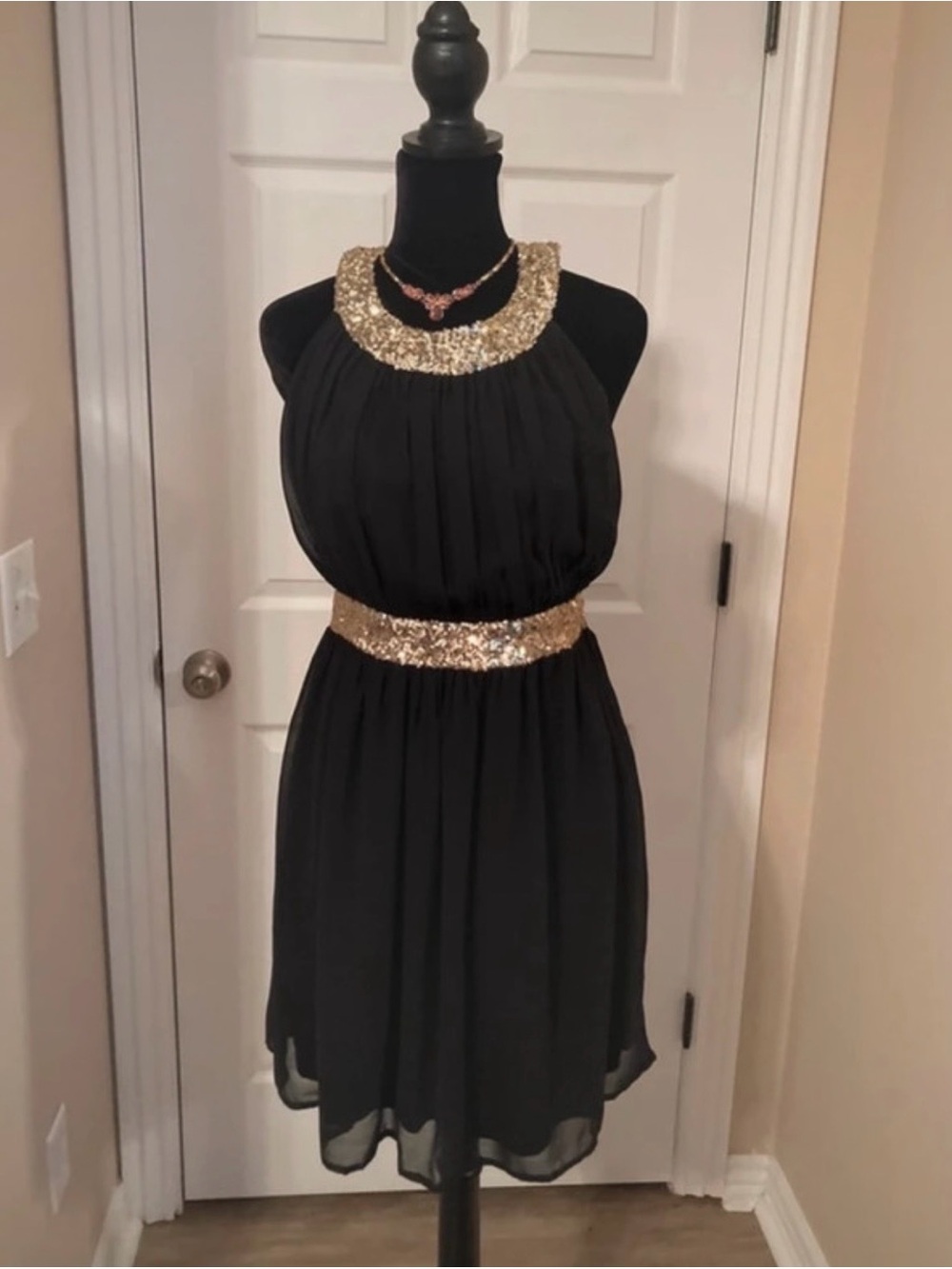Black Mini Dress with Gold Sequin Halter and Waist
